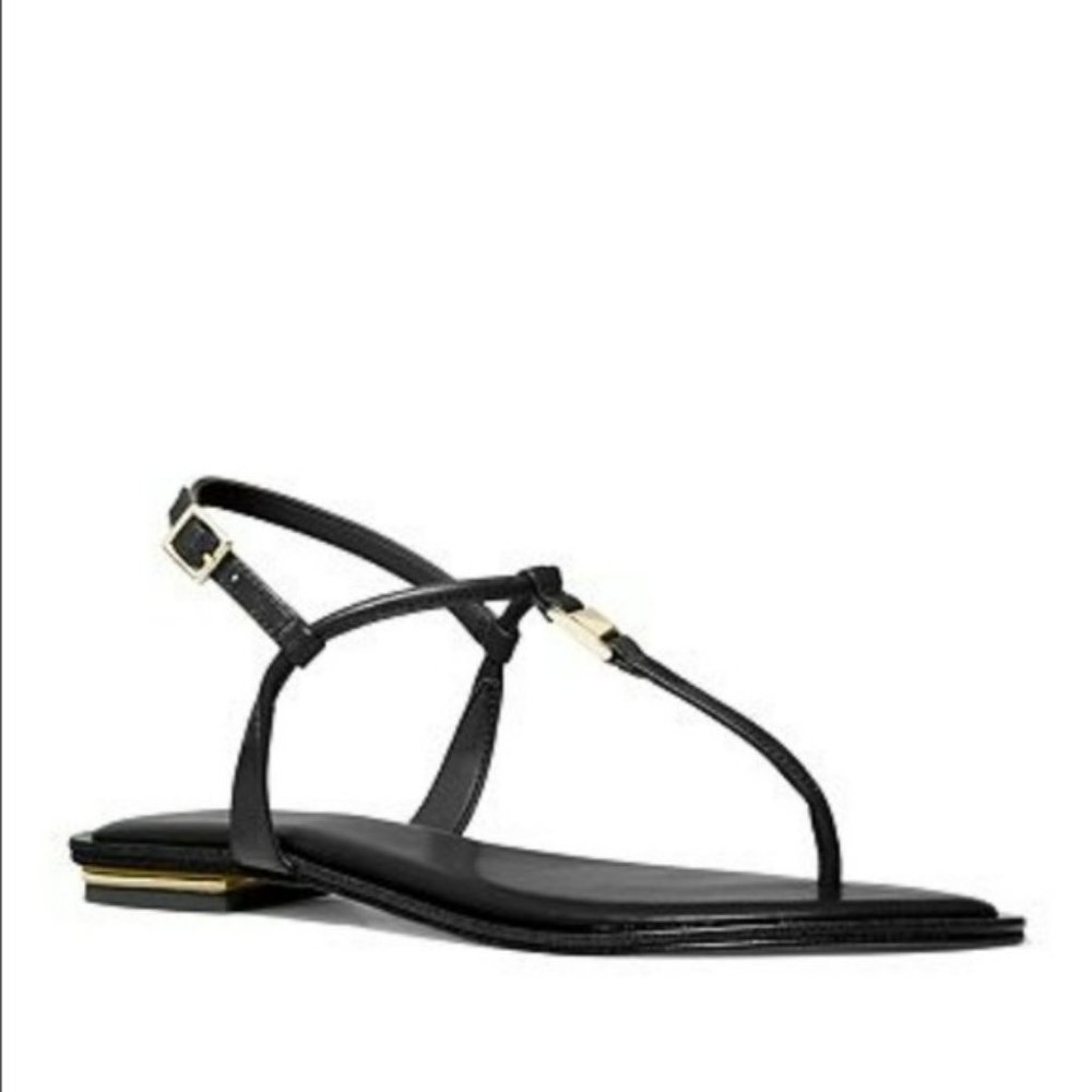 Michael Kors Fanning T Strap Flat Sandals Black -7.5 - Picture 1 of 5